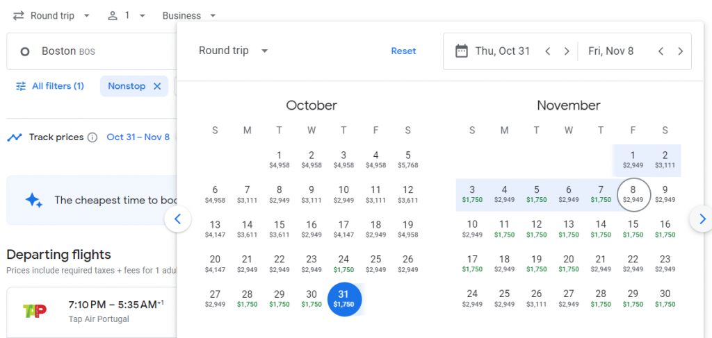 Business Class from Boston to Lisbon