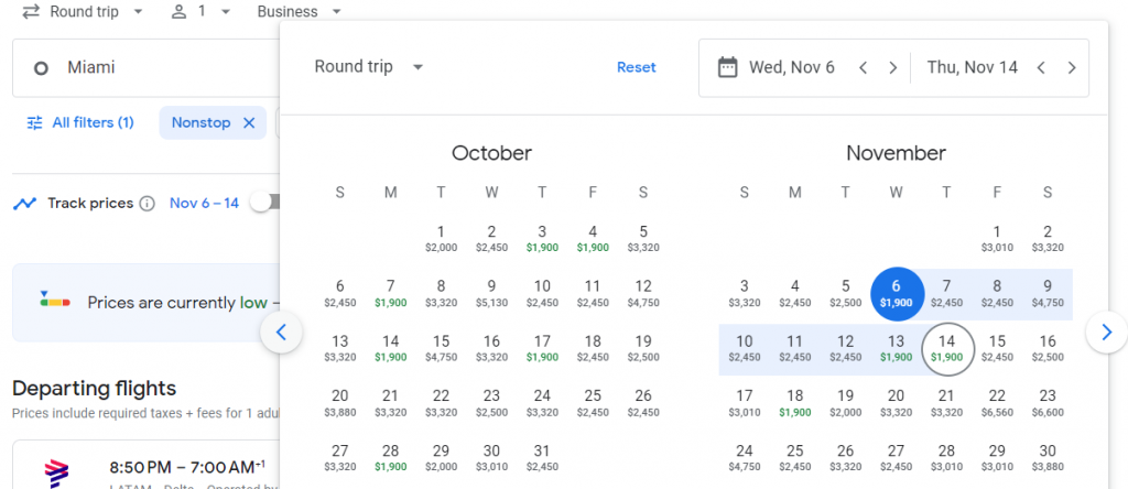 Business Class from Miami to Chile