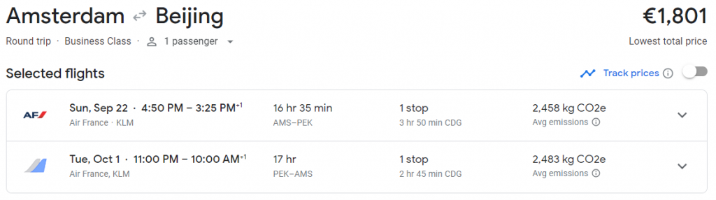 Business Class from Amsterdam to Beijing