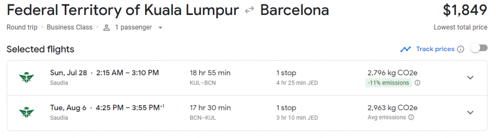 Business Class from Malaysia to Barcelona