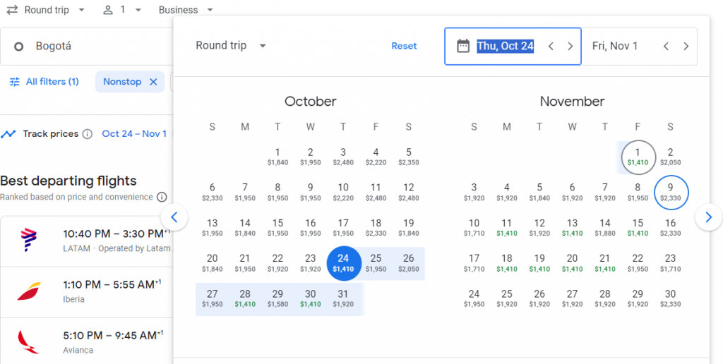 Business Class from Colombia to Madrid