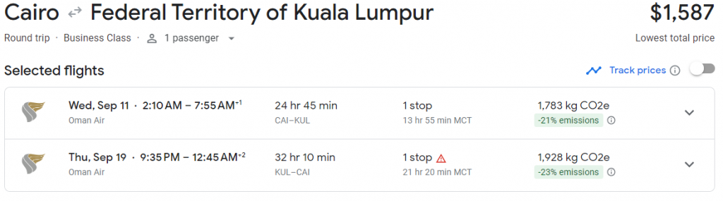 Business Class from Egypt to Malaysia