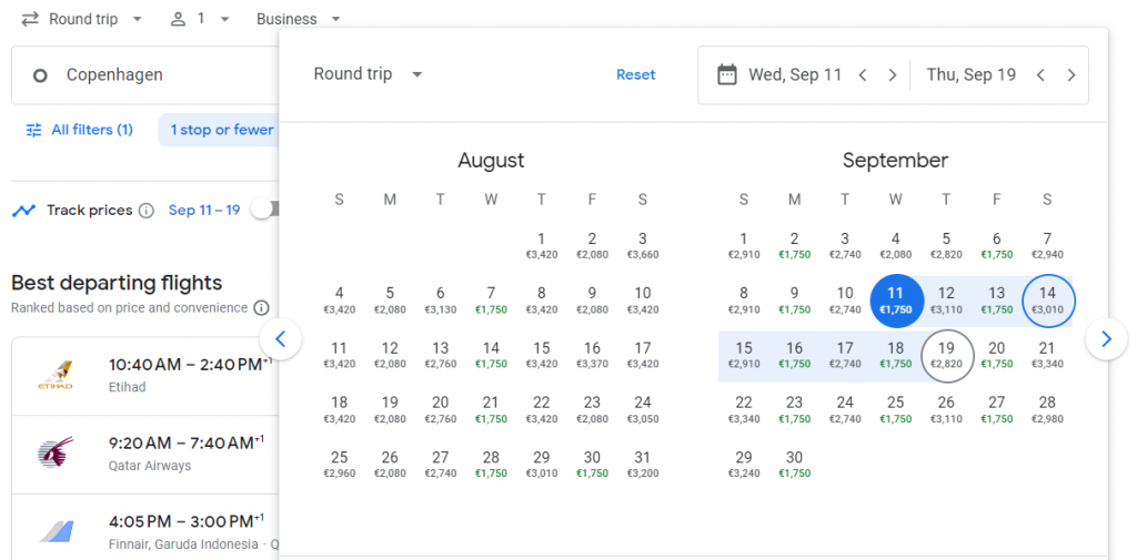 Business Class from Copenhagen to Indonesia