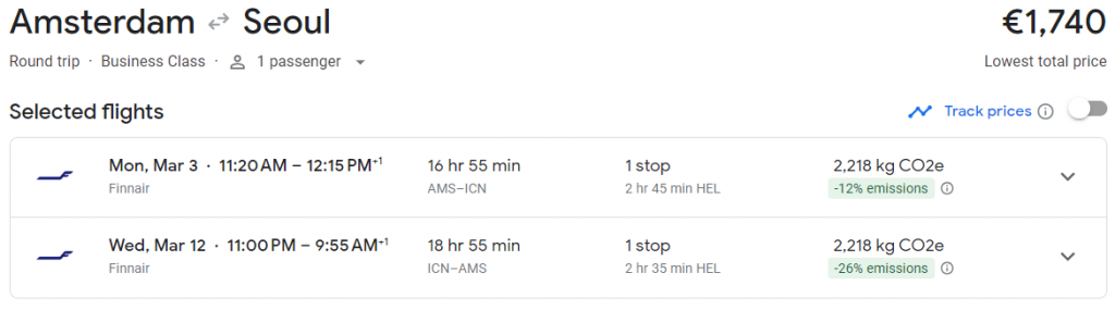 Business Class from Amsterdam to South Korea