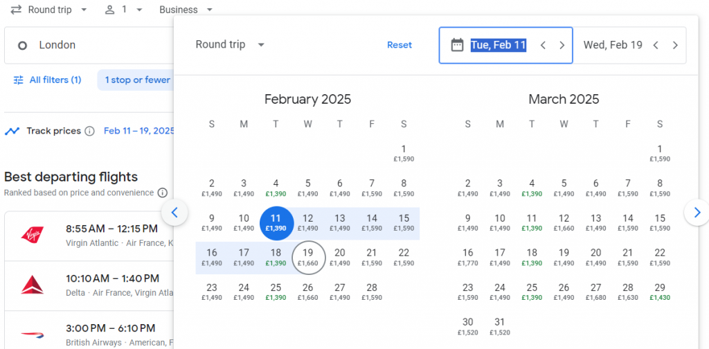 Business Class from London to New York