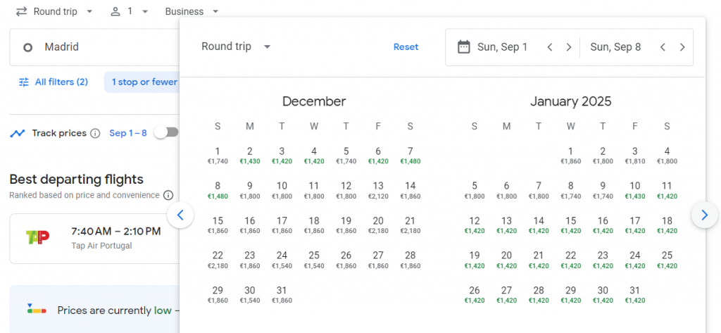 Business Class from Madrid to Boston