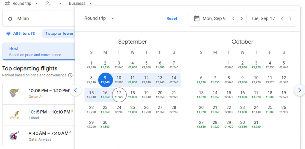 Business Class from Milan to Indonesia