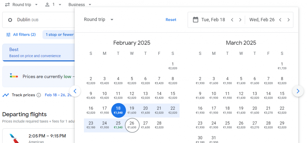 Business Class from Dublin to Miami