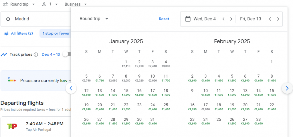 Business Class from Madrid to Miami