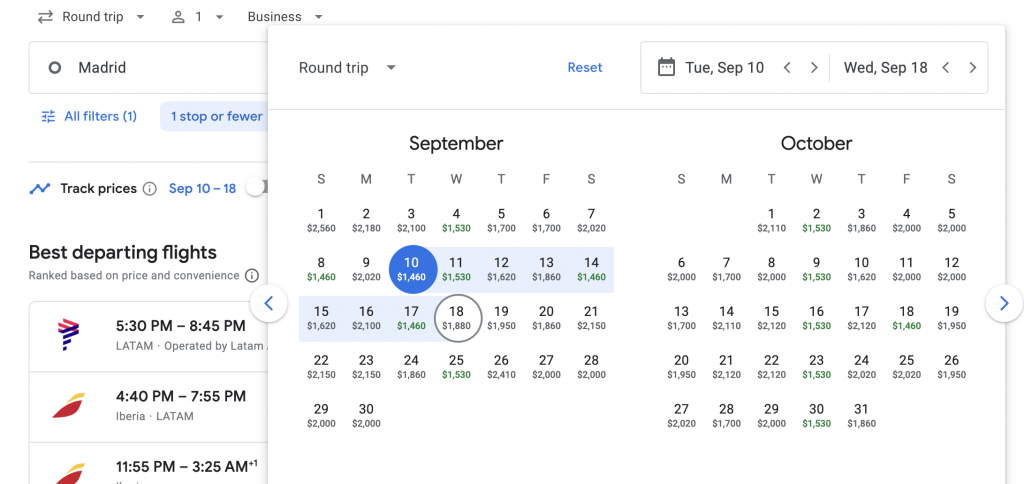 Nonstop Business Class from Madrid to Bogotá