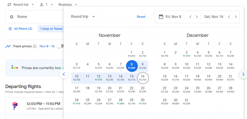 Business Class from Rome to Rio de Janeiro