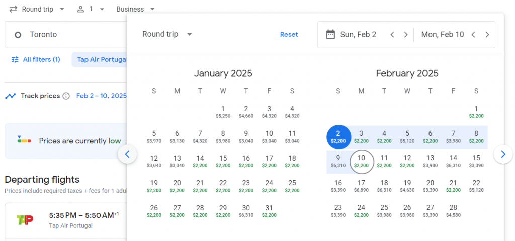 Business Class from Canada to Portugal