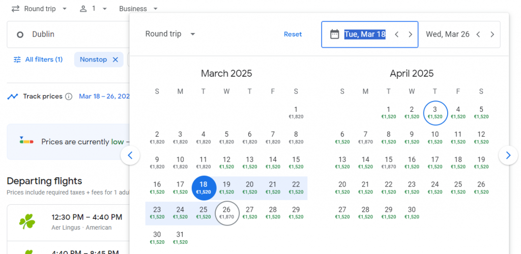 Business Class from Dublin to Washington D.C.