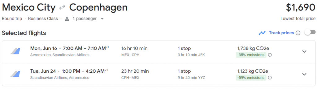 Business Class from Mexico City to Copenhagen