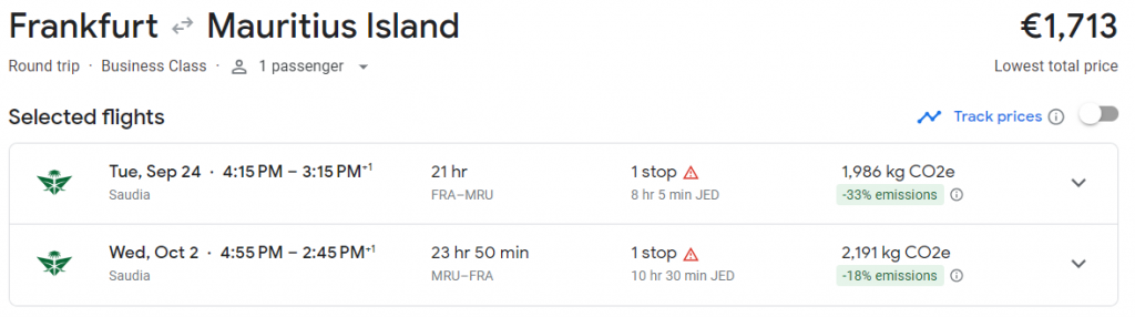 Business Class from Frankfurt to Mauritius