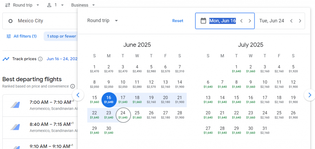 Business Class from Mexico City to Copenhagen