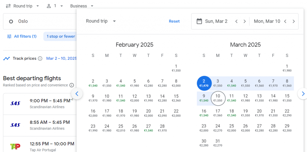 Business Class from Norway to Miami