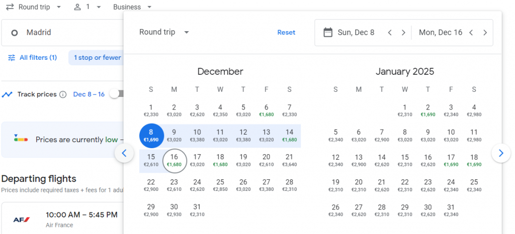 Business Class from Madrid to Cuba