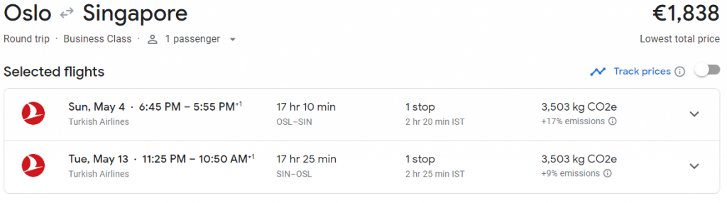 Business Class from Norway to Singapore