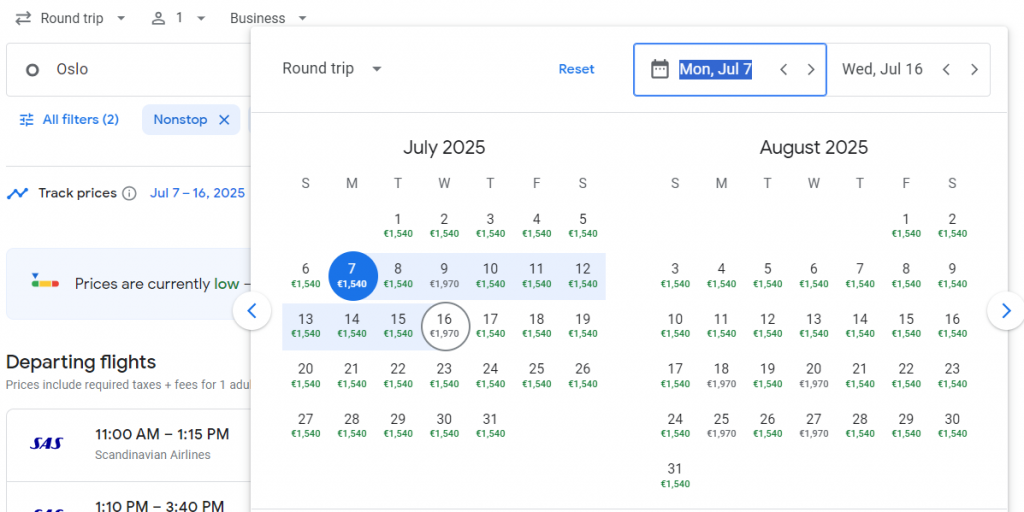 Business Class from Norway to New York