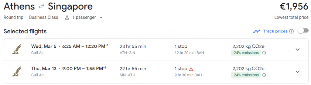 Business Class from Athens to Singapore