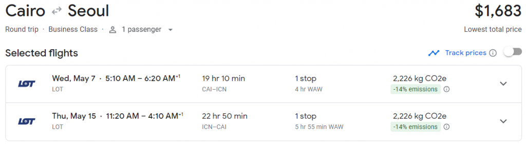 Business Class from Egypt to South Korea