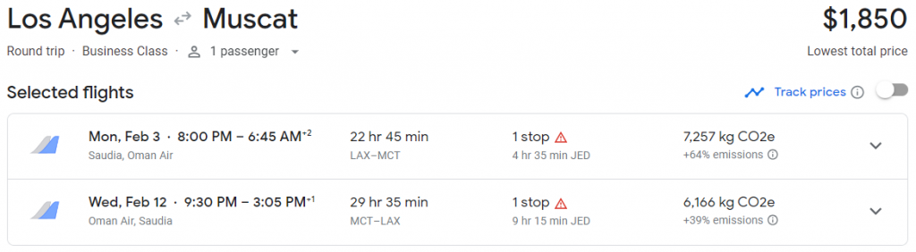 Business Class from Los Angeles to Oman