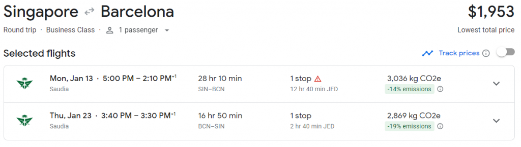 Business Class from Singapore to Barcelona