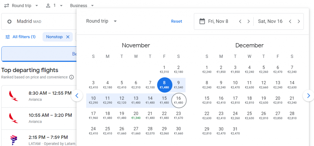 Business Class from Madrid to Colombia