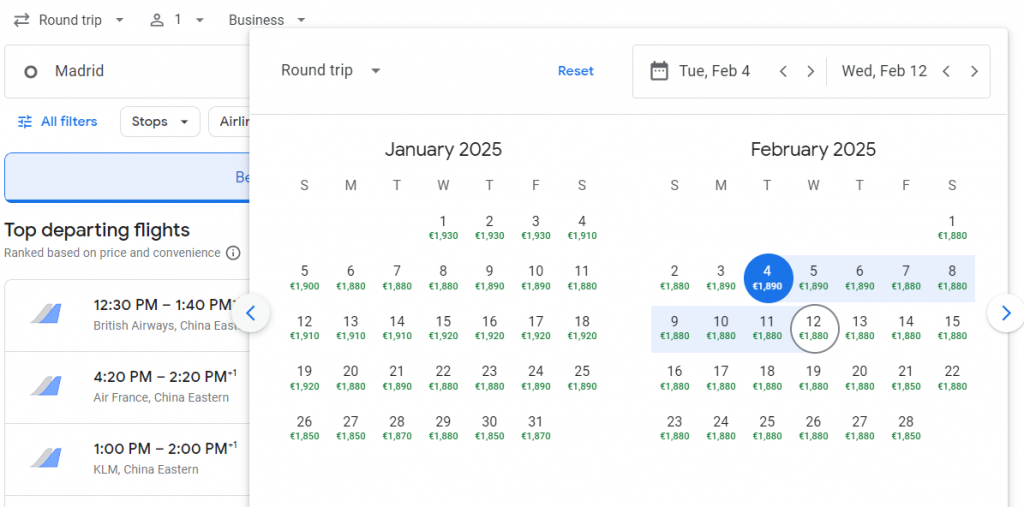 Business Class from Madrid to Shanghai