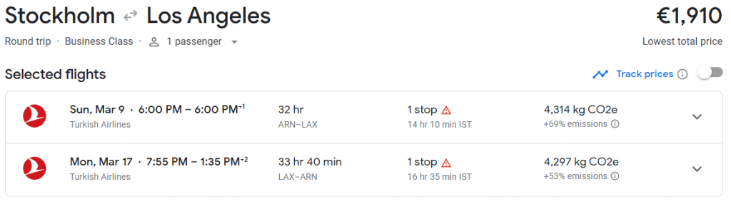 Business Class from Sweden to Los Angeles