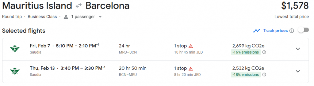 Business Class from Mauritius to Barcelona