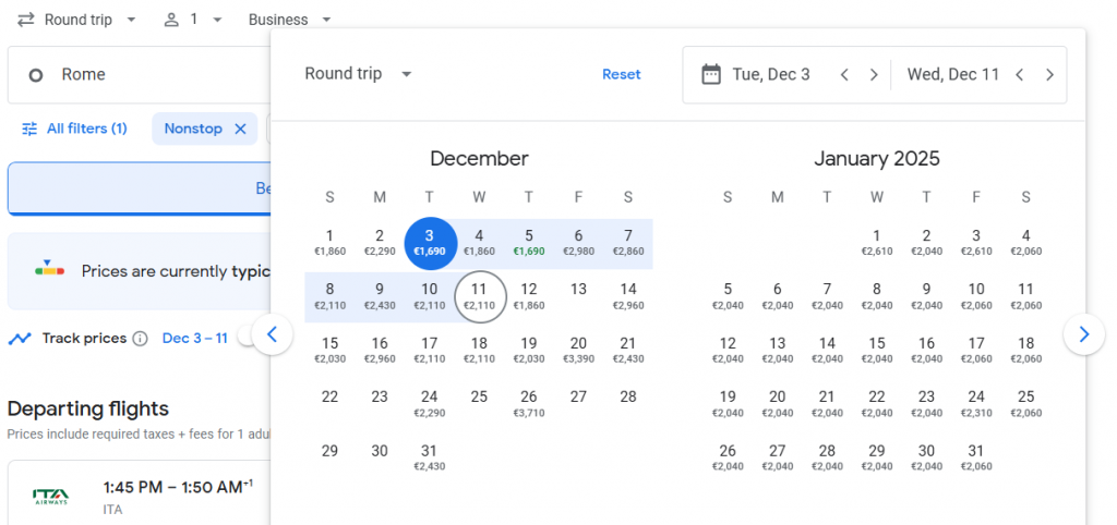 Business Class from Rome to India