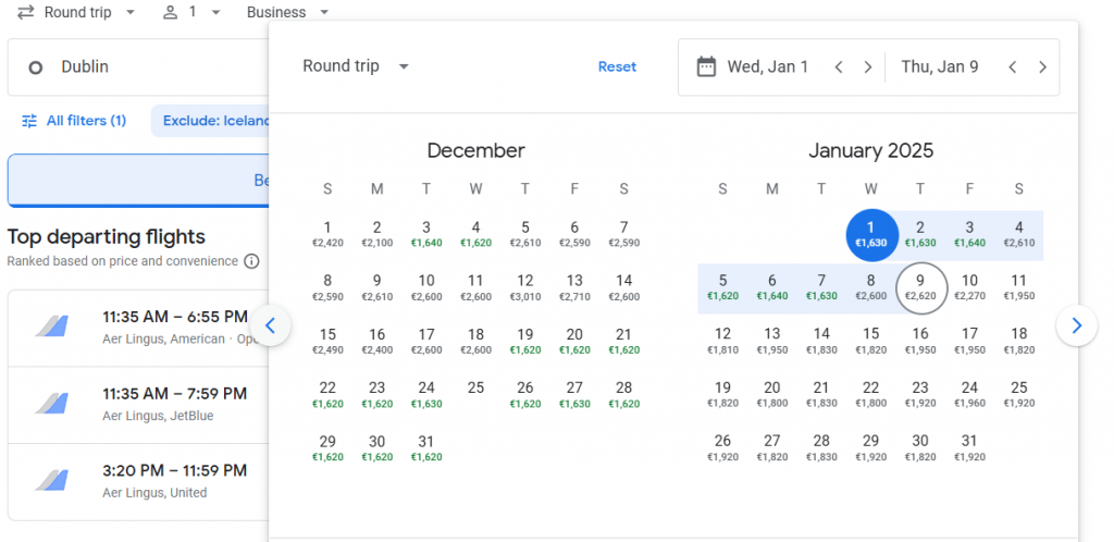 Business Class from Dublin to Washington