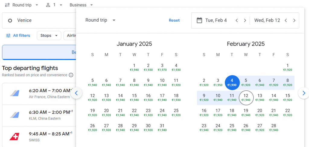 Business Class from Venice to Shanghai