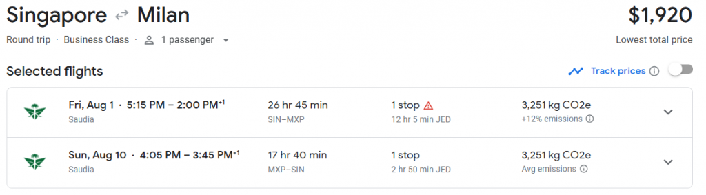 Business Class from Singapore to Milan