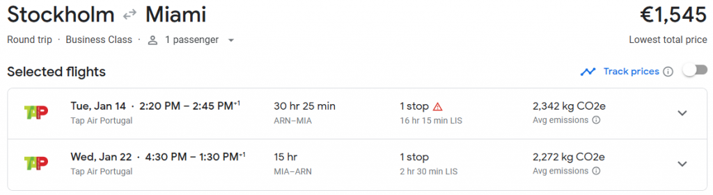 Business Class from Sweden to Miami