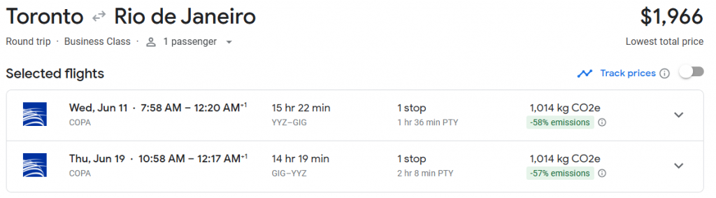 Business Class from Toronto to Rio de Janeiro