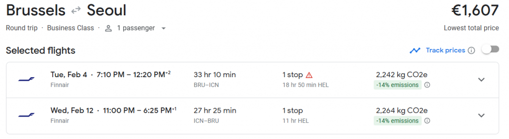 Business Class from Brussels to South Korea