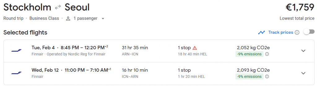 Business Class from Stockholm to South Korea