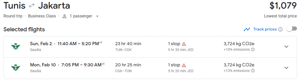 Business Class from Tunisia to Indonesia