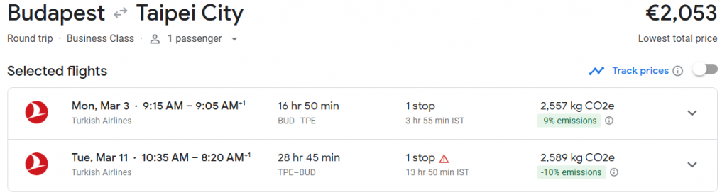 Business Class from Budapest to Taiwan