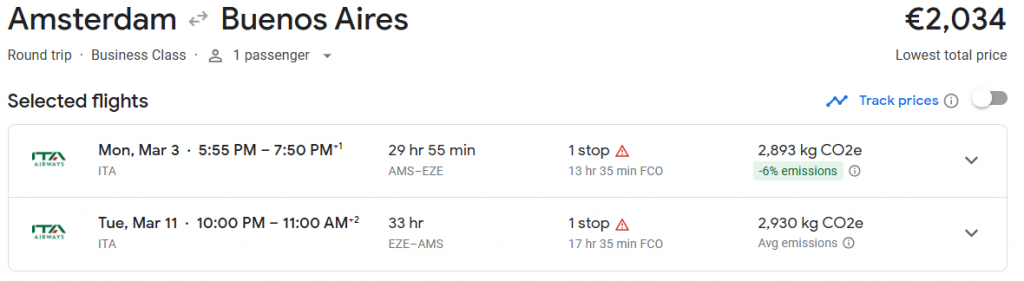 Business Class from Amsterdam to Argentina