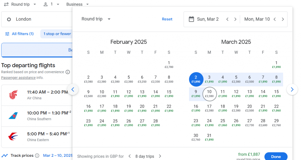 Business Class from London to Taiwan