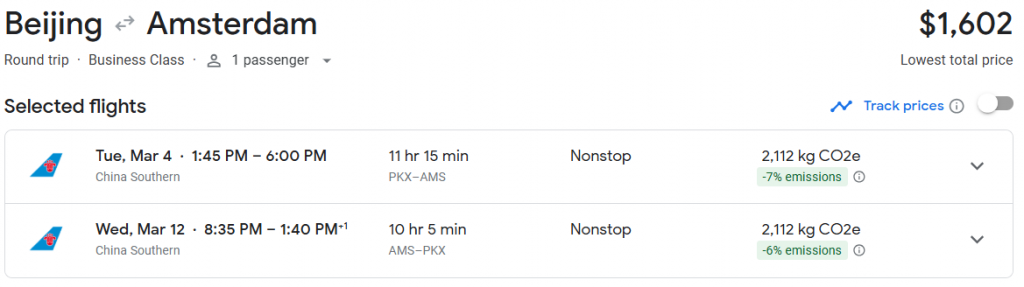 Business Class from China to Amsterdam