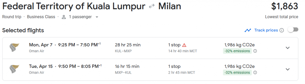 Business Class from Malaysia to Milan