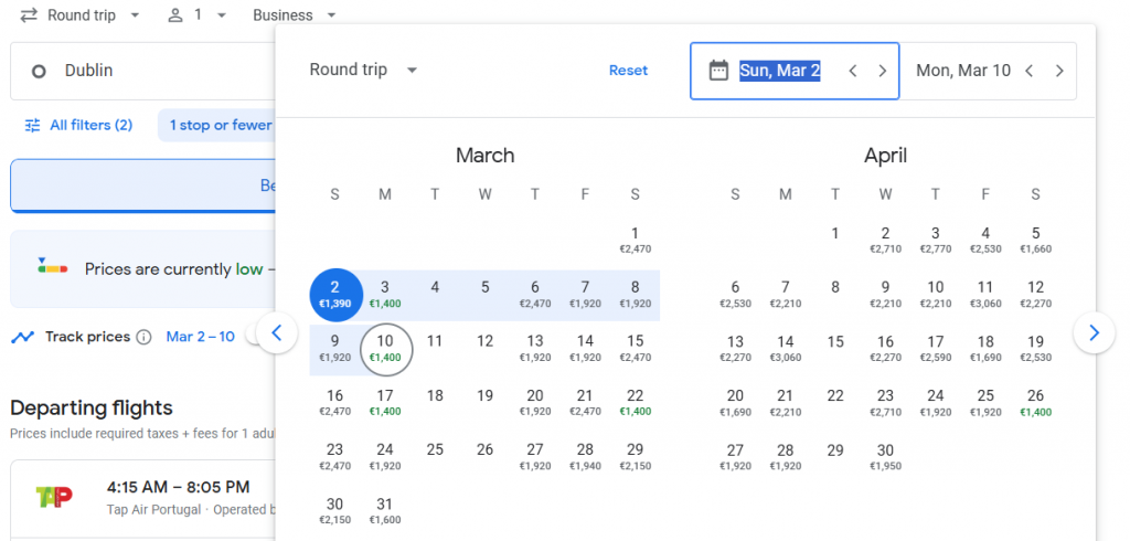 Business Class from Dublin to New York