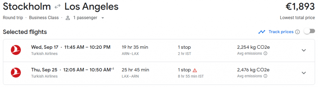 Business Class from Sweden to Los Angeles