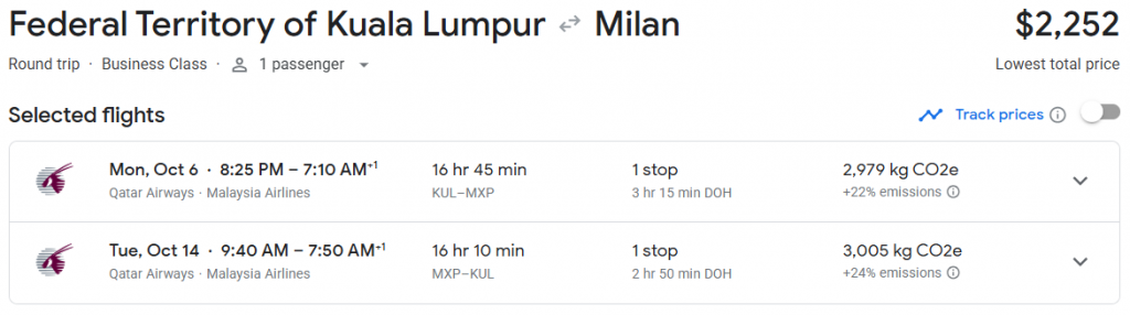 5* Business Class from Malaysia to Milan