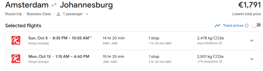 Business Class from Amsterdam to South Africa